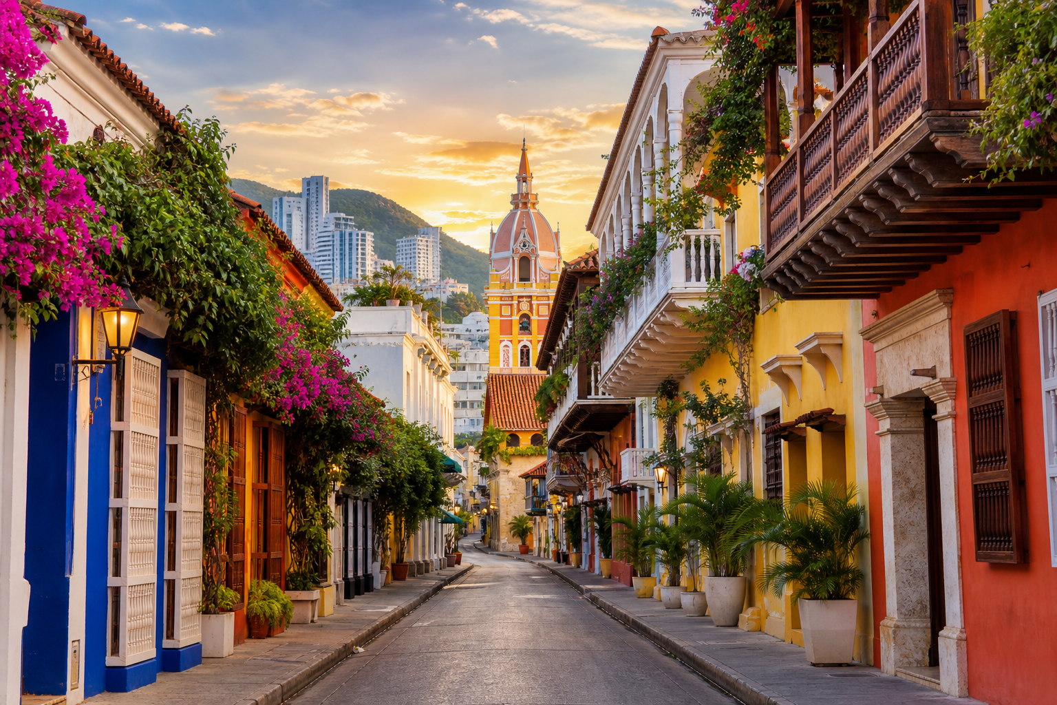 Rua colorida em Cartagena na Colômbia